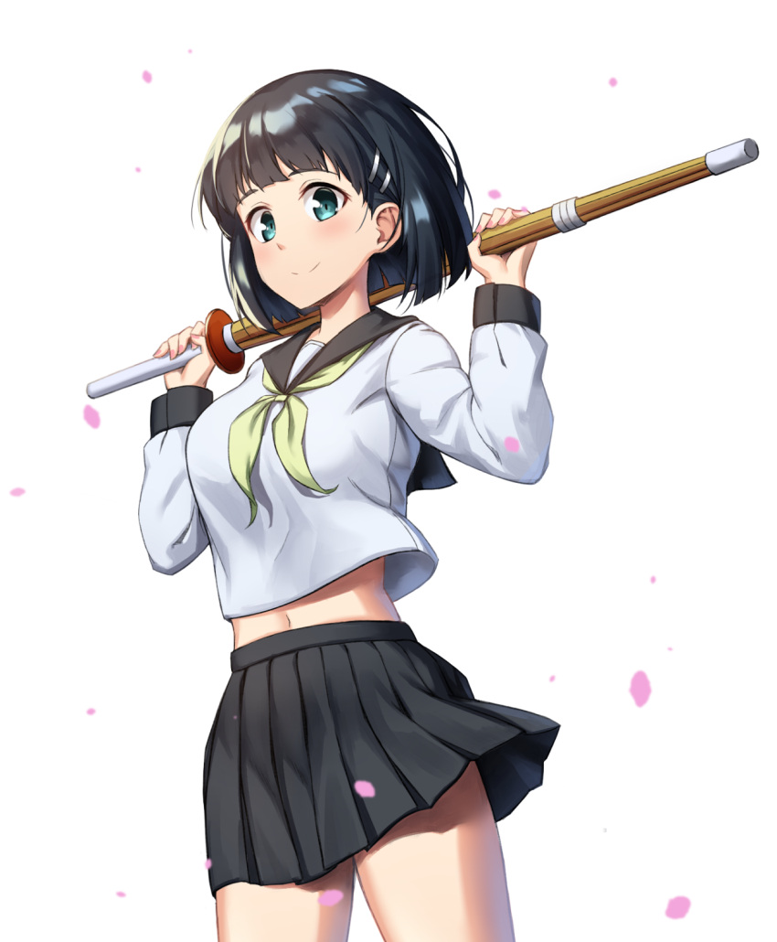 1girl, acso, black_eyes, black_hair, black_skirt, blush, breasts, commentary