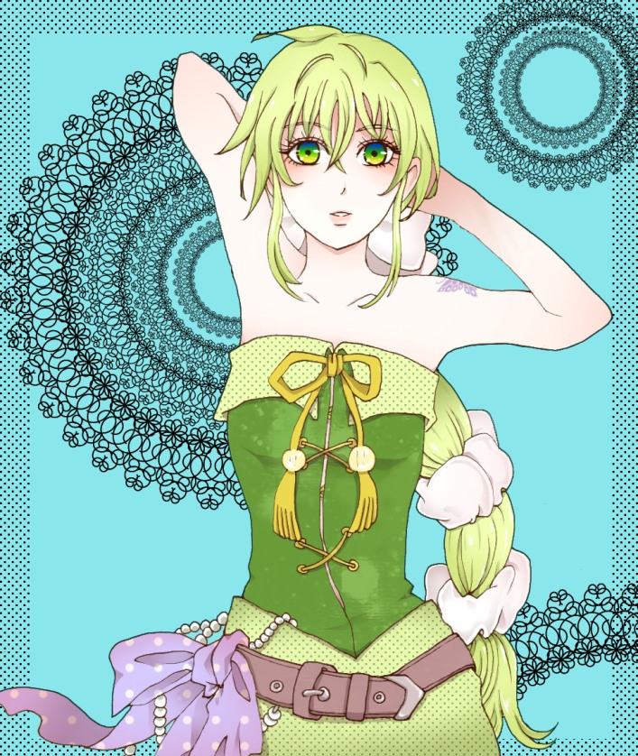 1girl, bare_shoulders, belt, bow, breasts, commentary_request, green_eyes, green_hair