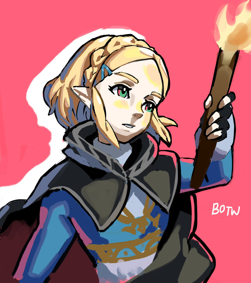 1girl, black_cape, blonde_hair, blue_shirt, braid, calilo, cape, copyright_name