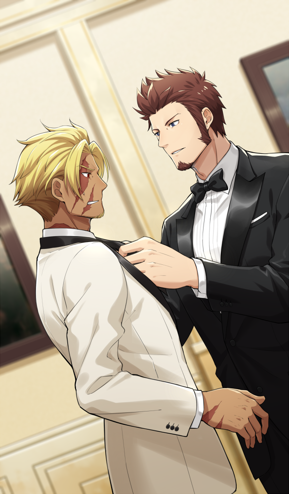 2boys, 47_(479992103), beard, beowulf_(fate/grand_order), blonde_hair, blue_eyes, brown_hair, facial_hair