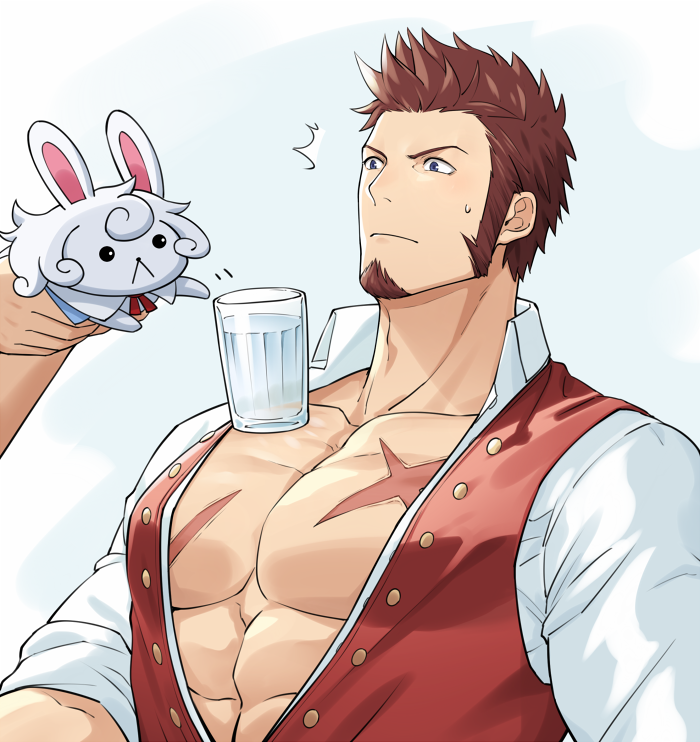 1boy, 47_(479992103), abs, bara, beard, brown_hair, closed_mouth, facial_hair