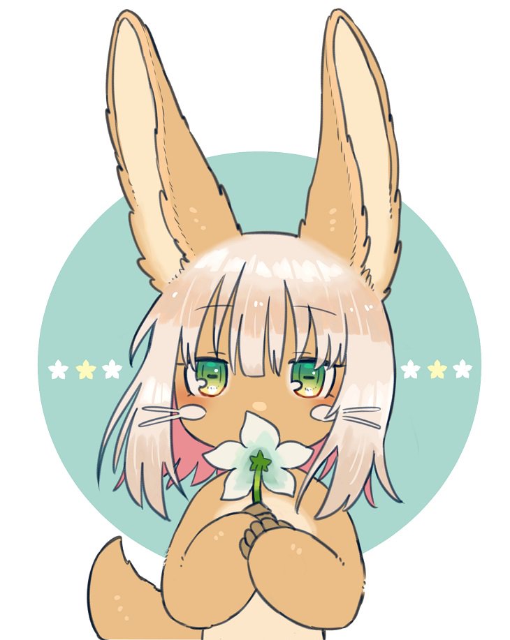 1other, ambiguous_gender, animal_ears, blush, eyebrows_visible_through_hair, flower, furry, green_eyes