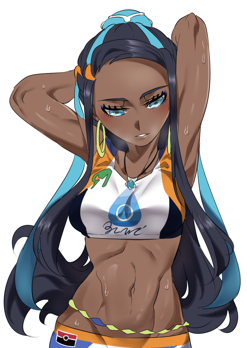 1girl, armlet, arms_up, black_hair, blue_eyes, blue_hair, blush, breasts