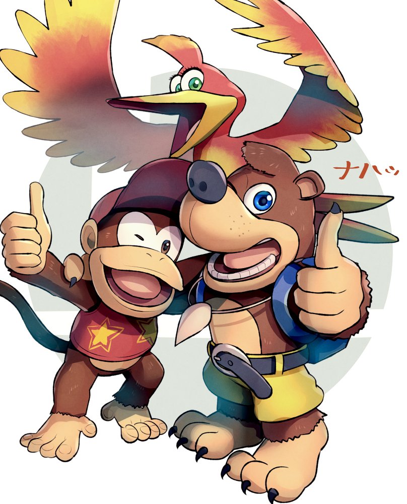 3others, animal, ape, backpack, bag, banjo-kazooie, banjo_(banjo-kazooie), bear, bird, blue_eyes, blush, brown_hair, chimpanzee, chris_sutherland, crossover, diddy_kong, diddy_kong_racing, donkey_kong_(series), feathers, fur, furry, gonzarez, hat, kazooie_(banjo-kazooie), looking_at_viewer, microsoft, monkey, nintendo, no_humans, one_eye_closed, open_mouth, rareware, redhead, seiyuu_connection, shorts, smile, super_smash_bros., super_smash_bros._ultimate, thumbs_up, voice_actor_connection, wings