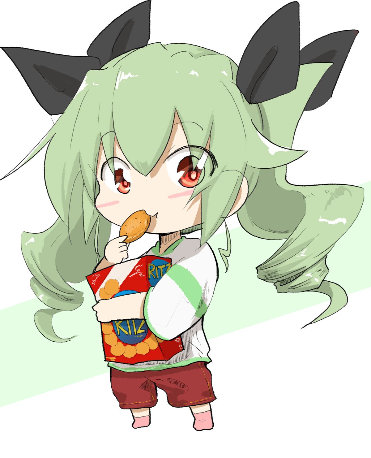 1girl, :t, anchovy, bangs, black_ribbon, box, brown_legwear, brown_shorts