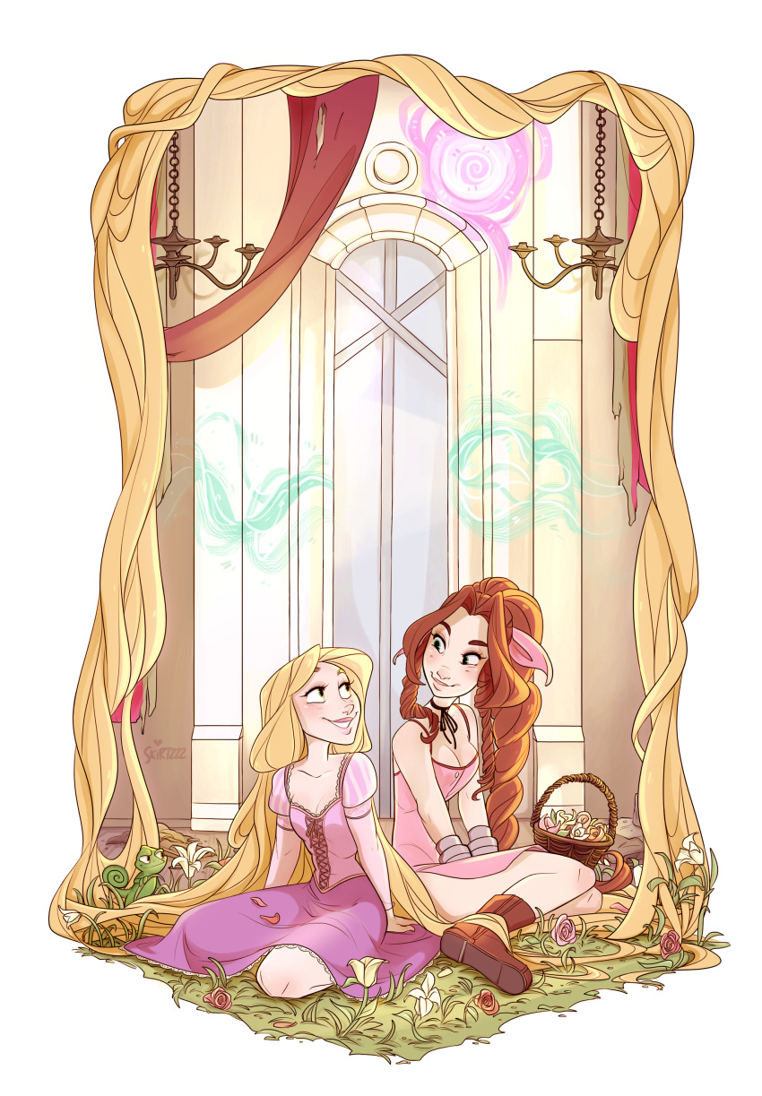 2girls, absurdres, aerith_gainsborough, bangle, blonde_hair, boots, bracelet, brown_hair