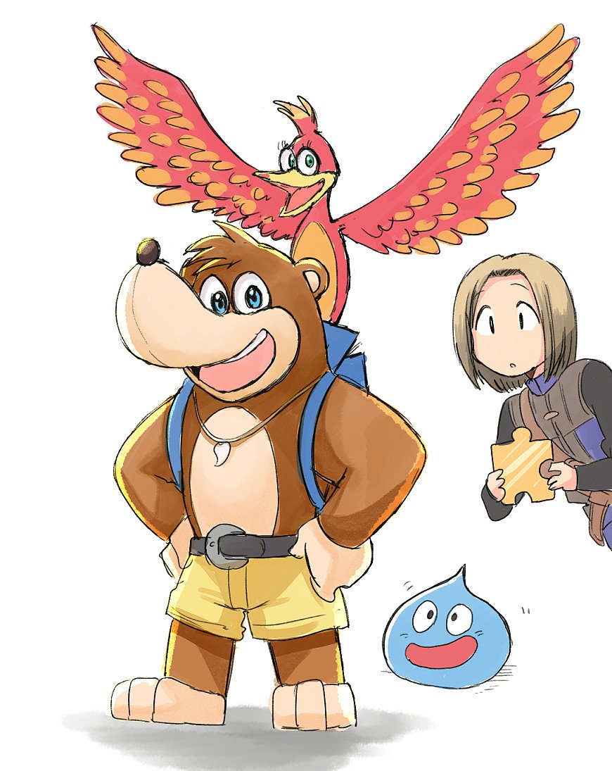 1boy, 3others, animal, backpack, bag, banjo-kazooie, banjo_(banjo-kazooie), bear, belt, bird, blob, blue_backpack, blue_eyes, brown_hair, dragon_quest, dragon_quest_xi, furry, green_eyes, happy, hero_(dq11), jewelry, kazooie_(banjo-kazooie), microsoft, necklace, nintendo, open_mouth, pants, puzzle_piece, rareware, slime_(dragon_quest), sora_(company), square_enix, super_smash_bros., super_smash_bros._ultimate, super_smash_bros_brawl, tsubobot, yellow_pants