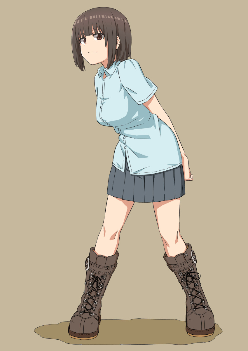 1girl, absurdres, boots, brown_eyes, brown_hair, commentary, full_body, highres