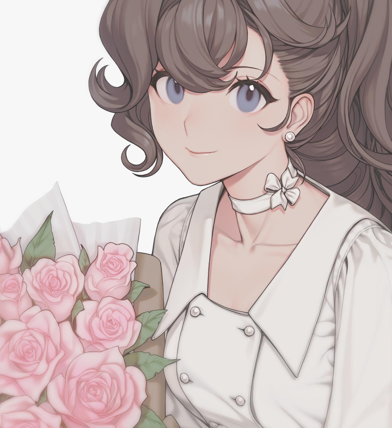 1girl, asymmetrical_bangs, bangs, blue_eyes, bouquet, bow, choker, closed_mouth