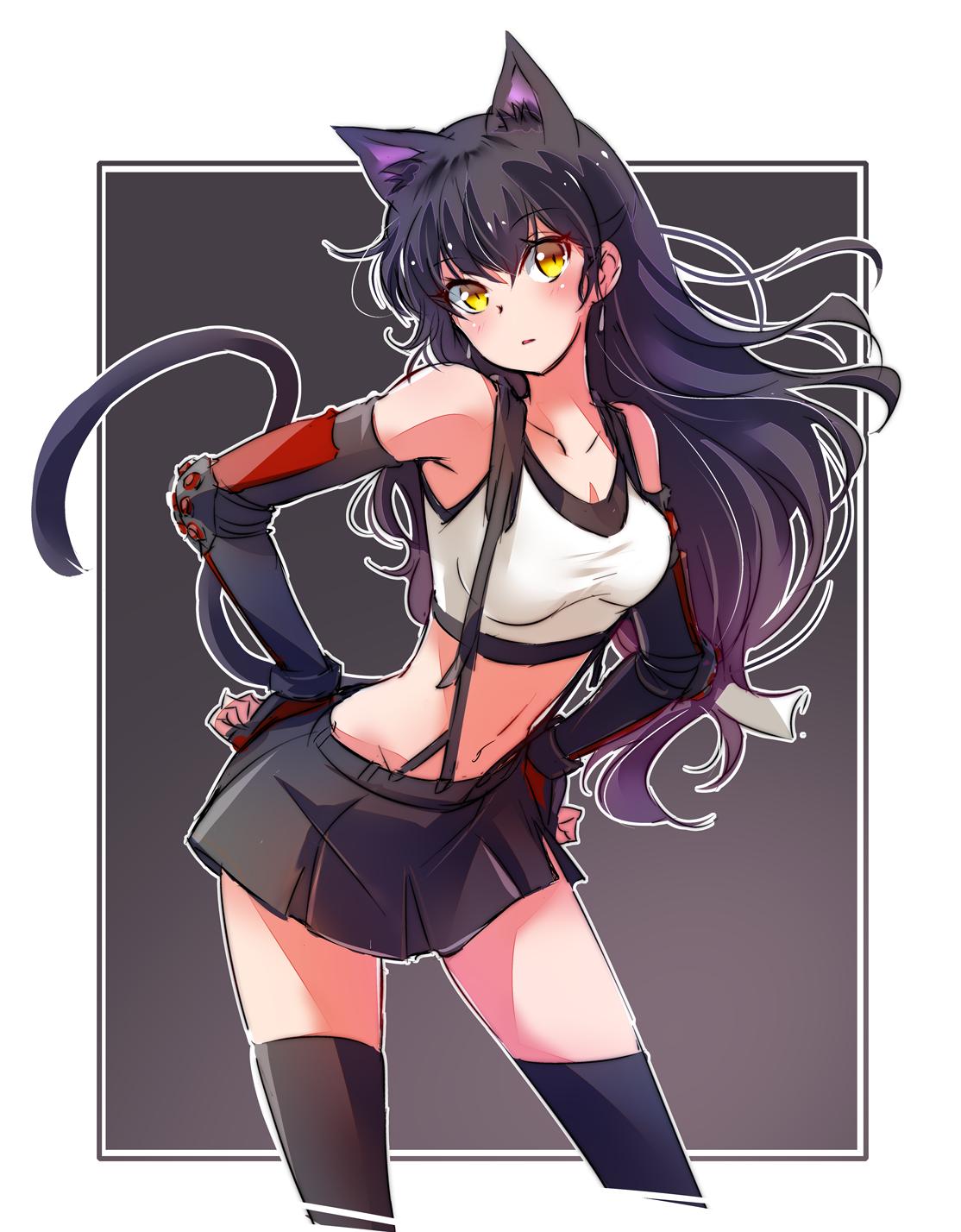 1girl, animal_ears, black_hair, black_legwear, black_skirt, blake_belladonna, breasts, cat_ears, cat_tail, cosplay, crop_top, earrings, final_fantasy, final_fantasy_vii, fingerless_gloves, gloves, highres, iesupa, jewelry, long_hair, midriff, miniskirt, navel, rwby, skirt, solo, sports_bra, suspender_skirt, suspenders, tail, tank_top, thigh-highs, tifa_lockhart, tifa_lockhart_(cosplay), yellow_eyes