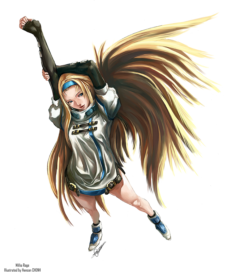 blue_eyes, guilty_gear, headband, long_hair, millia_rage, shonensan, stretch, very_long_hair