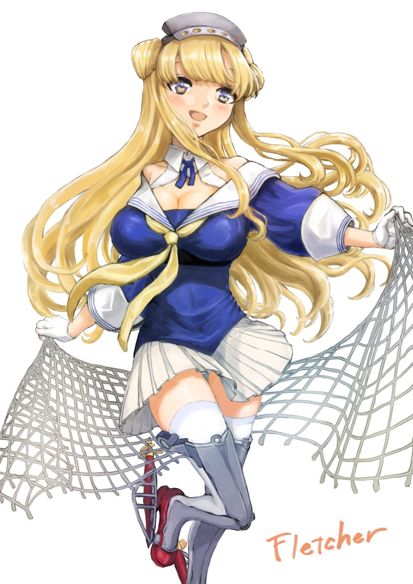 1girl, blonde_hair, blue_eyes, blue_shirt, breasts, cargo_net, character_name, commentary_request