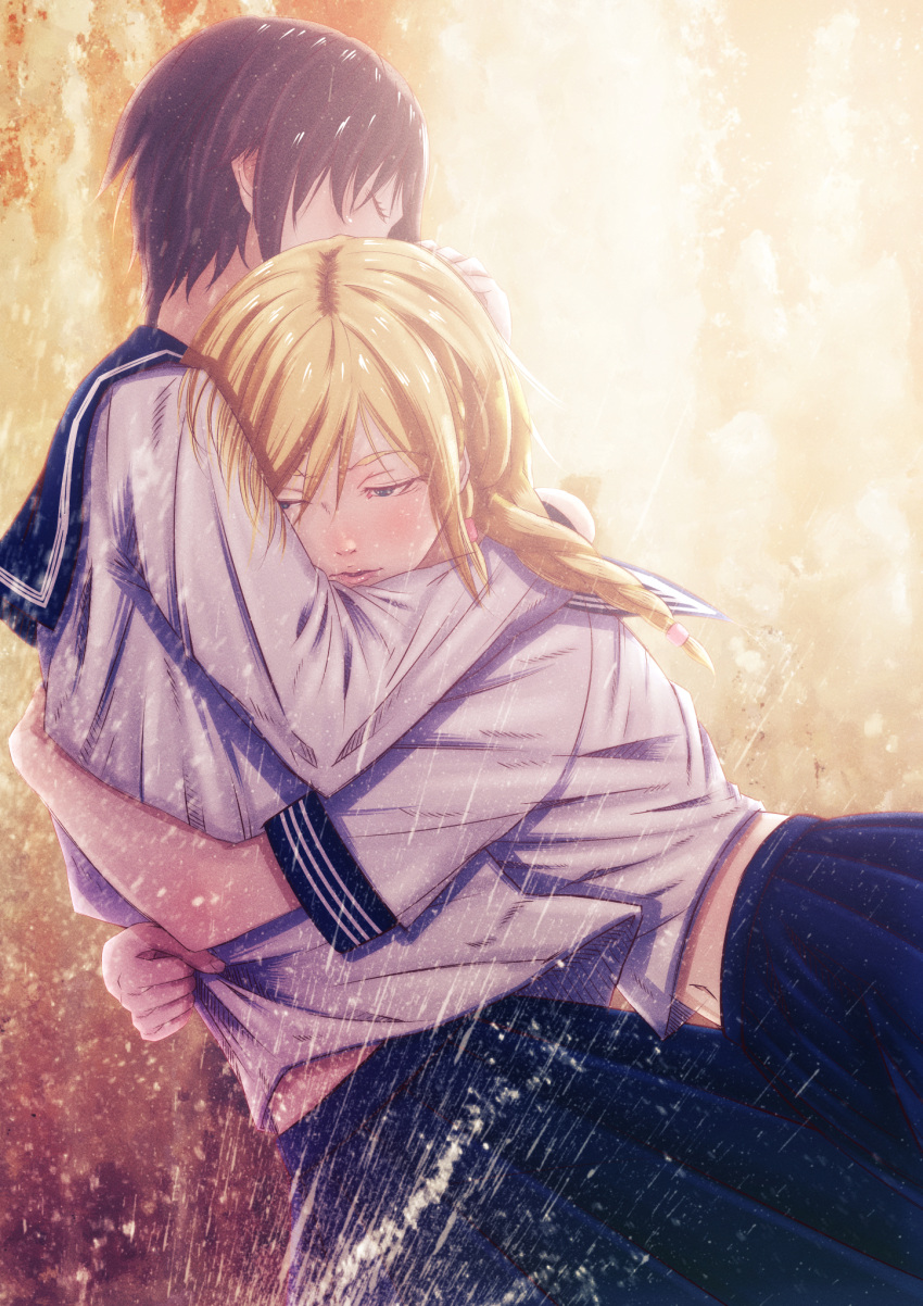 2girls, black_hair, blonde_hair, blue_eyes, blue_skirt, blush, closed_eyes, highres