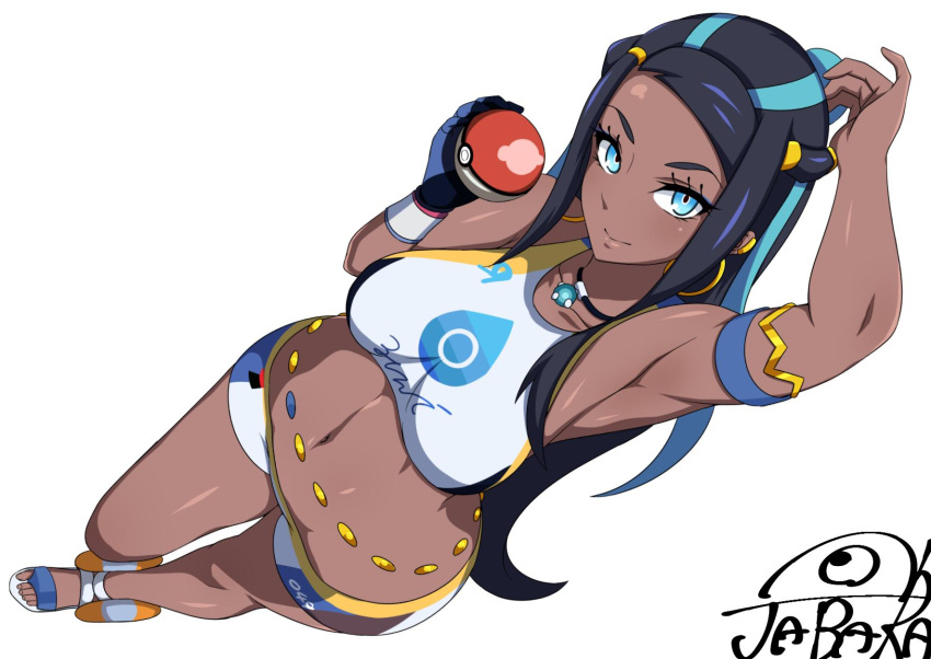 1girl, armlet, armpits, bangs, bare_shoulders, black_hair, blue_eyes, blue_hair, blush, breasts, closed_mouth, dark_skin, forehead, full_body, gloves, hair_bun, highres, holding, jabara_tornado, jewelry, long_hair, looking_at_viewer, medium_breasts, navel, necklace, partly_fingerless_gloves, poke_ball, pokemon, pokemon_(game), pokemon_swsh, rurina_(pokemon), sandals, shorts, simple_background, single_glove, smile, solo, sports_bra, sportswear, swept_bangs, thighs, white_background
