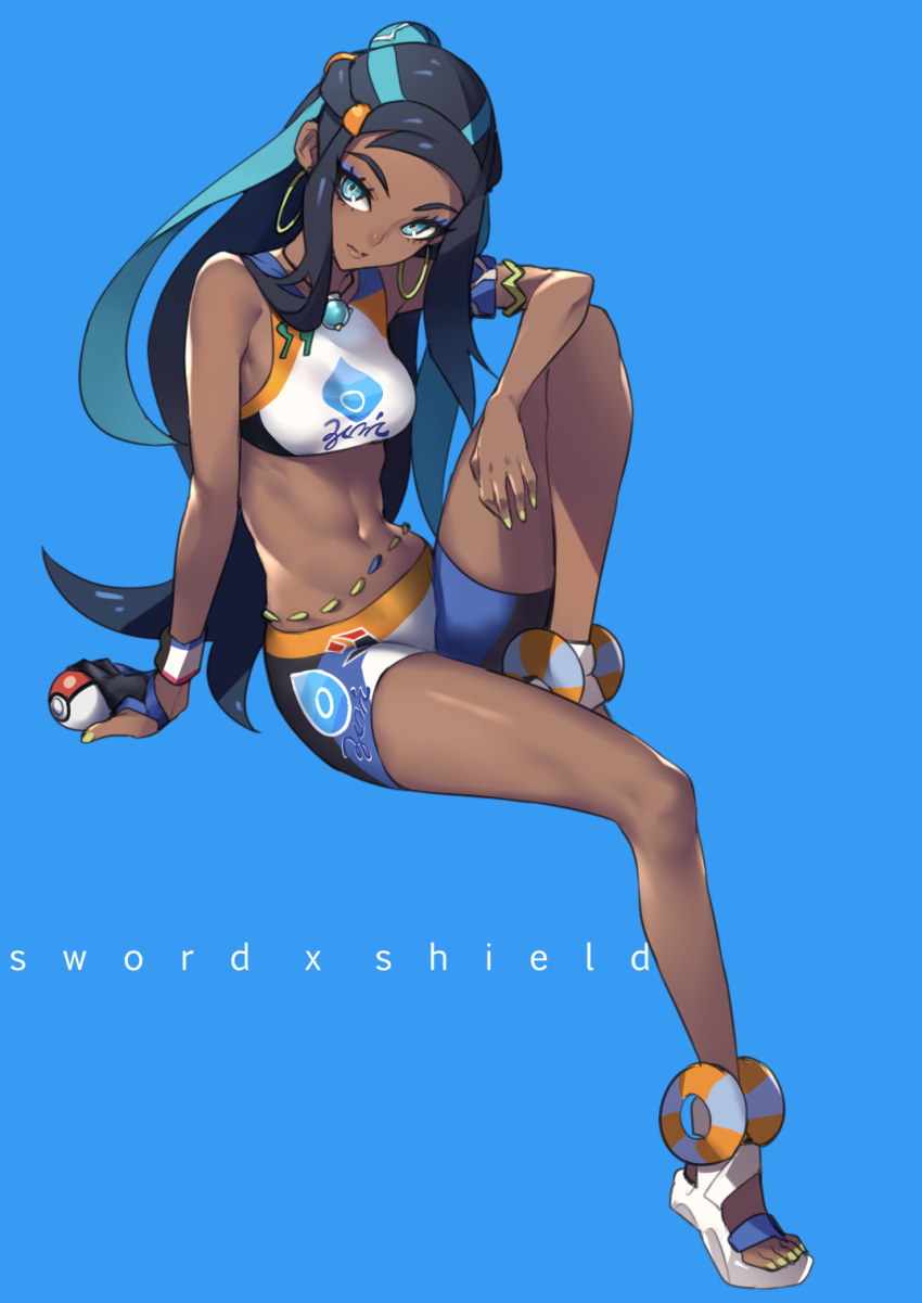 1girl, armband, ban, black_hair, blue_background, blue_eyes, blue_hair, breasts