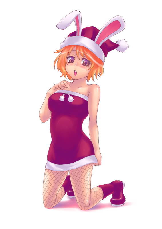 bare_shoulders, blush, boots, brown_eyes, bunny_ears, christmas, fishnets, hat