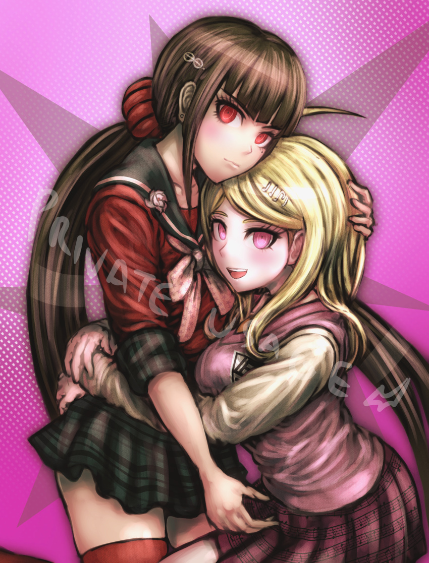 2girls, :d, absurdres, akamatsu_kaede, bangs, black_sailor_collar, black_skirt, blonde_hair, blush, brown_hair, closed_mouth, collarbone, dangan_ronpa, dgrp_(minhduc12333), floating_hair, grey_shirt, hair_ornament, hair_scrunchie, harukawa_maki, highres, hug, long_hair, looking_at_viewer, miniskirt, mole, mole_under_eye, multiple_girls, musical_note, musical_note_hair_ornament, musical_note_print, new_dangan_ronpa_v3, open_mouth, pink_eyes, pink_sweater, plaid, plaid_skirt, pleated_skirt, print_neckwear, print_skirt, purple_background, purple_skirt, red_eyes, red_legwear, red_scrunchie, red_shirt, sailor_collar, school_uniform, scrunchie, shirt, skirt, smile, sweater, sweater_vest, swept_bangs, thigh-highs, twintails, very_long_hair, white_neckwear, zettai_ryouiki