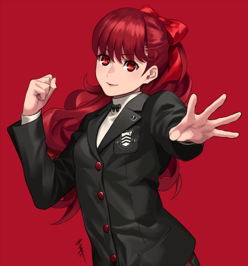 1girl, black_jacket, bow, clenched_hand, eyebrows_visible_through_hair, floating_hair, hair_between_eyes, hair_bow