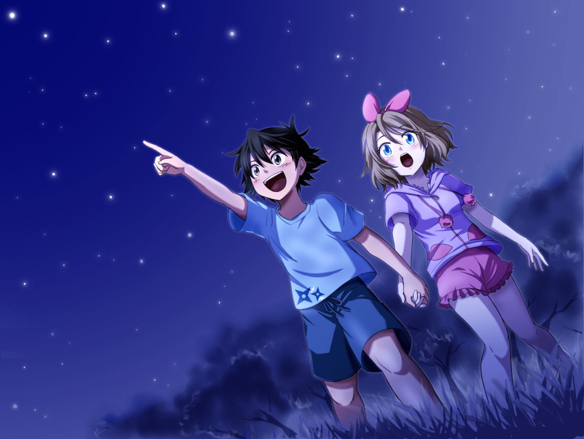 1boy, 1girl, :d, :o, black_hair, blue_eyes, blue_shirt, blue_shorts