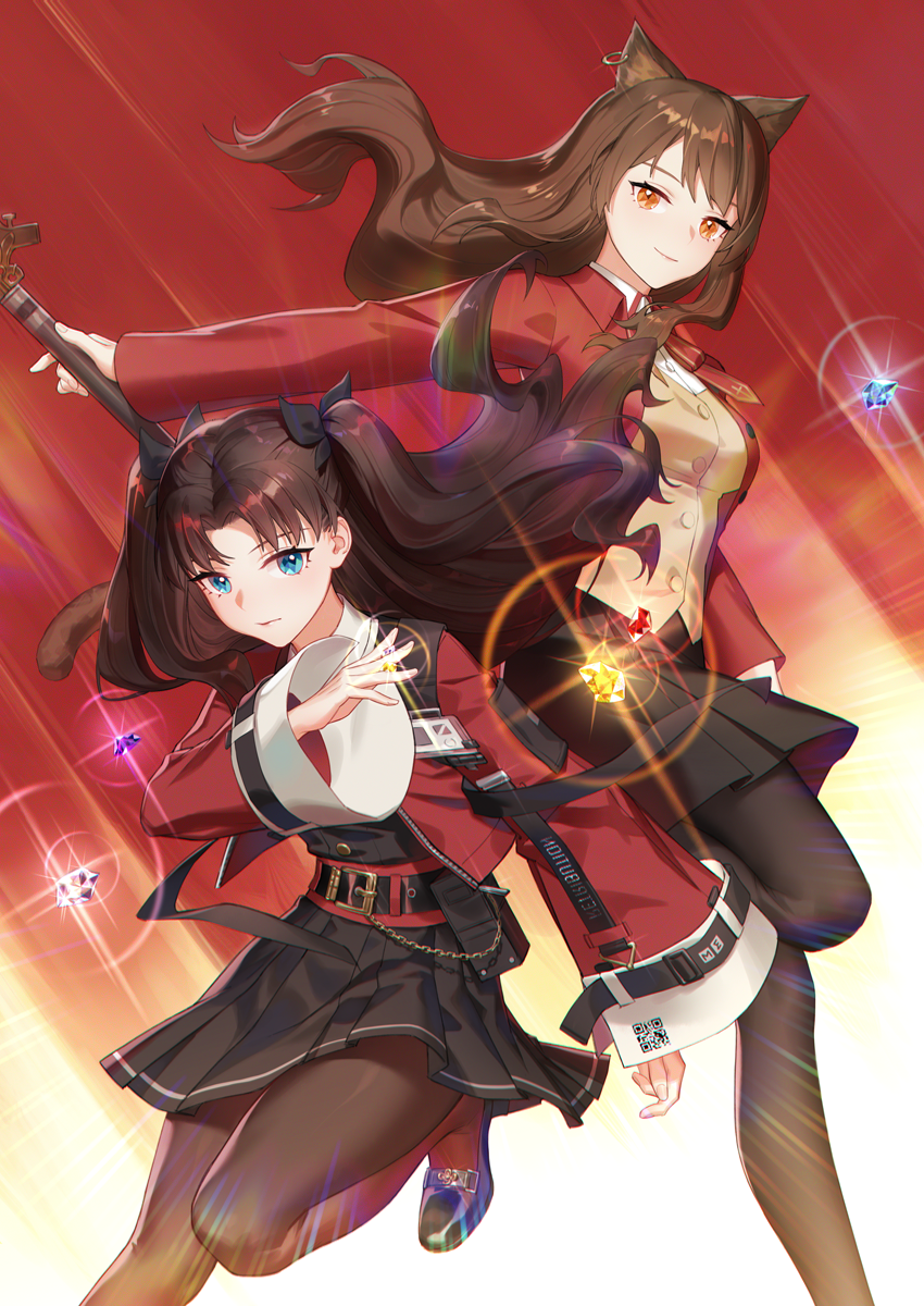 2girls, animal_ears, arknights, belt, black_legwear, blue_eyes, brown_hair, crossover, emiya-san_chi_no_kyou_no_gohan, fate/grand_order, fate/stay_night, fate_(series), gem, highres, hypergryph, jacket, leg_up, long_hair, looking_at_viewer, multiple_girls, pantyhose, rj_(lingshih10), seiyuu_connection, skyfire_(arknights), skyfire_(arknights)_(cosplay), smile, staff, tohsaka_rin, tohsaka_rin_(cosplay), toosaka_rin, toosaka_rin_(cosplay), type-moon, ueda_kana, yellow_eyes, yostar_inc.