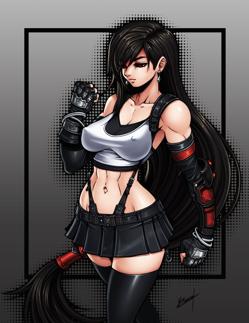 1girl, abs, absurdres, arm_guards, armpits, black_hair, black_legwear, black_skirt