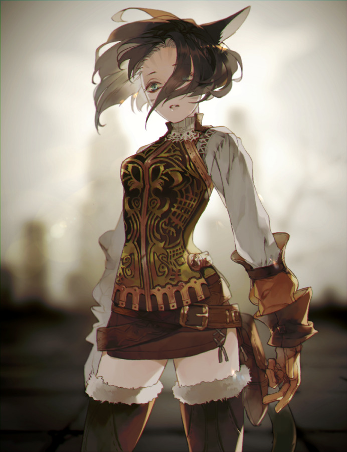 1girl, animal_ears, belt, black_hair, blurry, blurry_background, brown_gloves, cat_ears