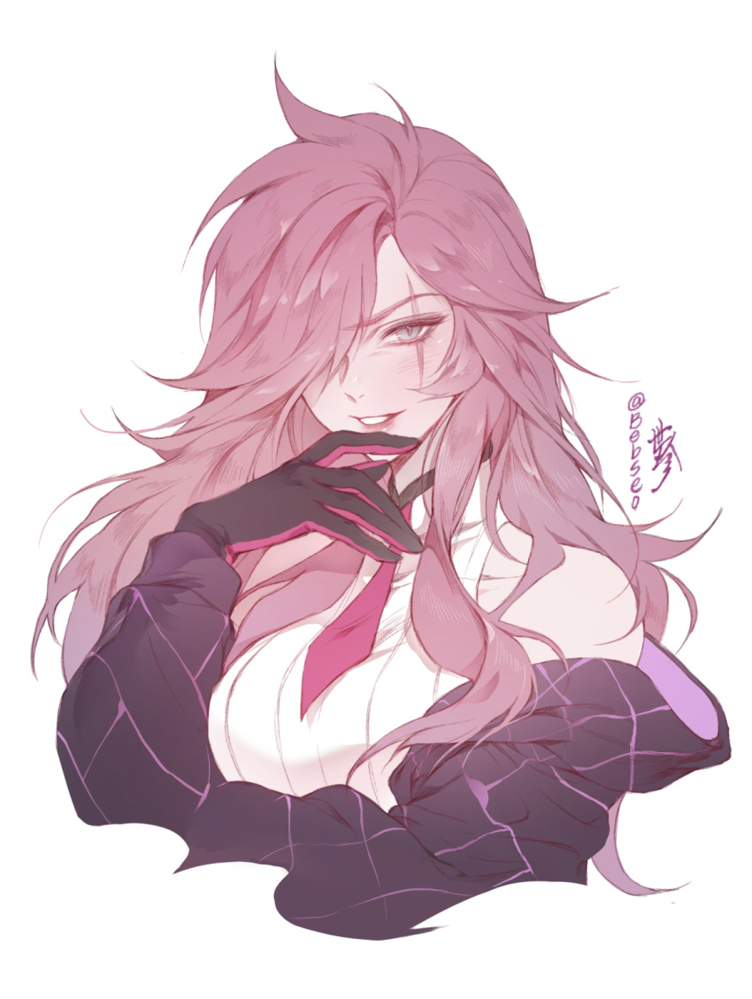 1girl, bare_shoulders, bebseo, black_gloves, blush, collarbone, gloves, hair_over_one_eye