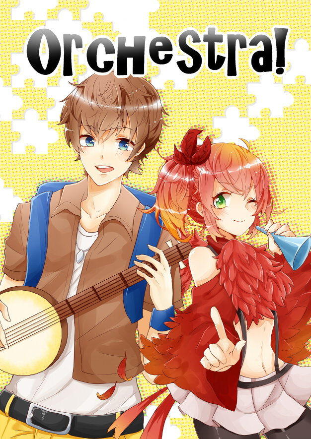 1boy, 1girl, armband, backpack, bag, bangs, banjo, banjo-kazooie