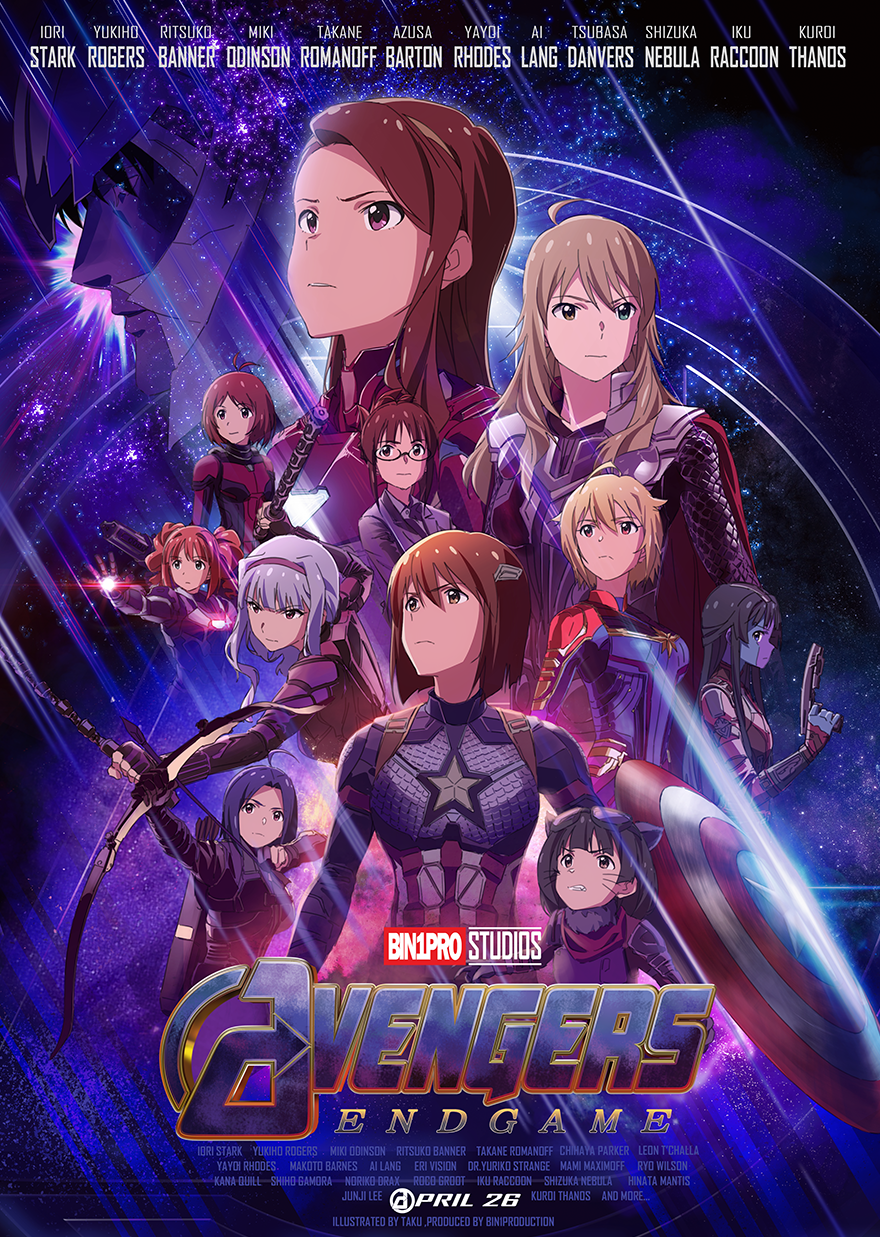 6+girls, ahoge, akizuki_ritsuko, animal_ears, annotated, ant-man, ant-man_(cosplay), armor, avengers, avengers:_endgame, bangs, baton, bin1production, black_widow, black_widow_(cosplay), blonde_hair, blue_bodysuit, bodysuit, bow_(weapon), brown_eyes, brown_hair, bruce_banner, bruce_banner_(cosplay), cape, captain_america, captain_america_(cosplay), captain_marvel, captain_marvel_(cosplay), character_name, closed_mouth, cosplay, cover, dated, dress_shirt, fake_cover, formal, frown, glasses, green_eyes, hagiwara_yukiho, hair_bun, hair_ornament, hairclip, hawkeye_(marvel), hawkeye_(marvel)_(cosplay), helmet, hidaka_ai, highres, holding, holding_bow_(weapon), holding_weapon, hoshii_miki, ibuki_tsubasa, idolmaster, idolmaster_(classic), idolmaster_million_live!, iron_man, iron_man_(cosplay), jacket, kuroi_takao, logo_parody, long_hair, long_sleeves, looking_to_the_side, marvel, messy_hair, minase_iori, miura_azusa, multicolored, multicolored_bodysuit, multicolored_clothes, multiple_girls, nakatani_iku, nebula_(gotg), nebula_(gotg)_(cosplay), poster, raccoon_ears, red_bodysuit, red_cape, red_eyes, rocket_raccoon, rocket_raccoon_(cosplay), shijou_takane, shirt, short_hair, smile, standing, star, starry_background, suit, swept_bangs, taku1122, thanos, thanos_(cosplay), thor_(marvel), thor_(marvel)_(cosplay), title_parody, twintails, war_machine, war_machine_(cosplay), weapon