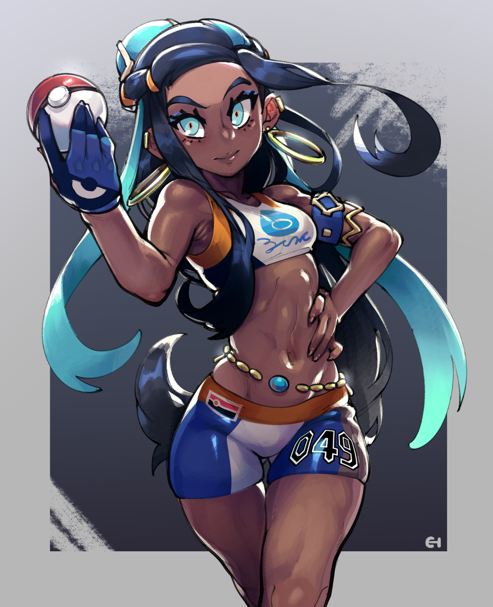 1girl, armlet, armpits, ass_visible_through_thighs, black_hair, blue_eyes, blue_hair, dark_skin