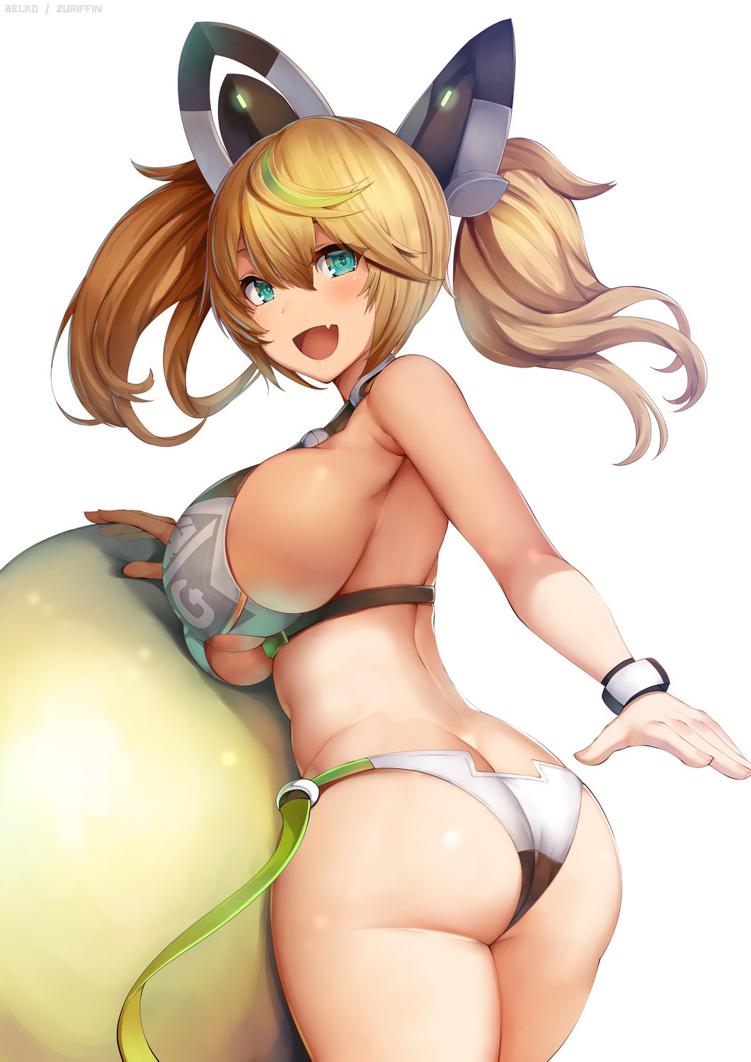 1girl, :d, aqua_eyes, ass, bangs, bare_shoulders, bikini, blonde_hair
