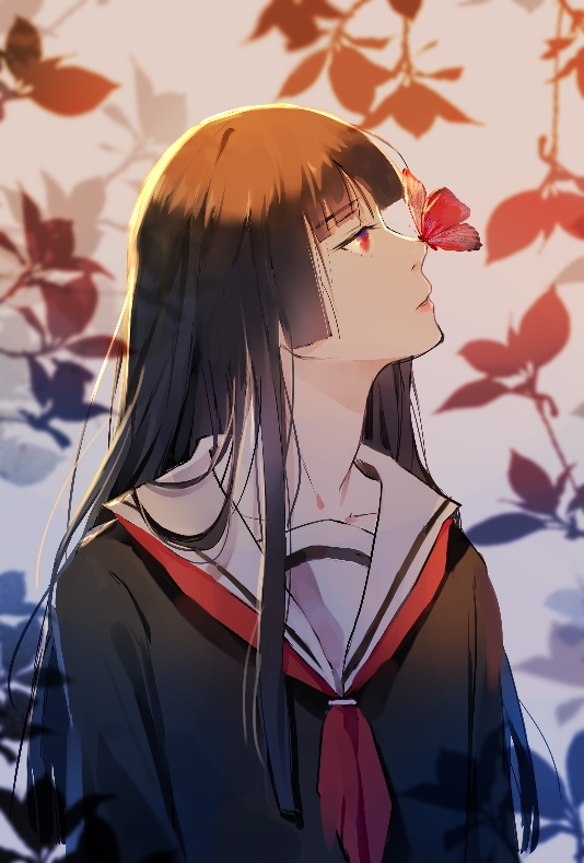 1girl, bangs, black_hair, black_shirt, blunt_bangs, bug, butterfly, butterfly_on_nose