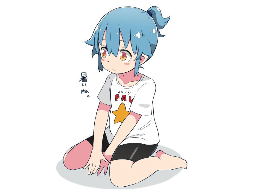 1girl, bangs, barefoot, between_legs, bike_shorts, black_shorts, blue_hair, blush