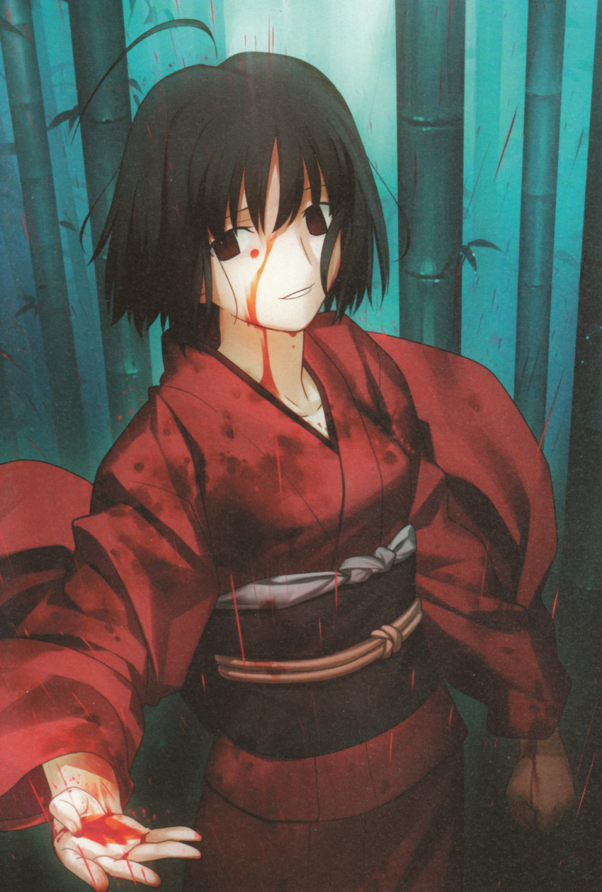 ahoge, bamboo, bamboo_forest, black_hair, blood, forest, highres, irisless_eyes