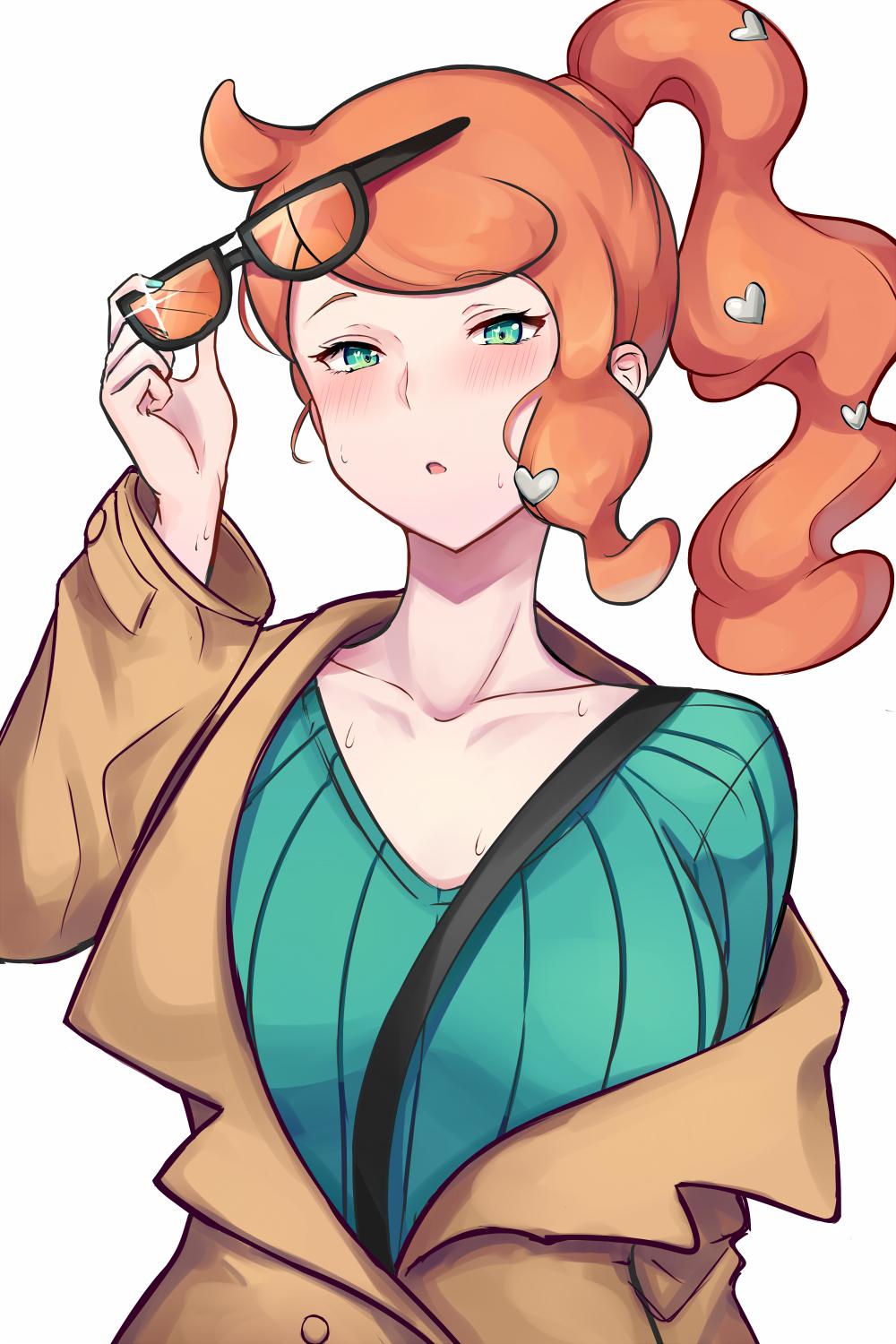 1girl, aqua_eyes, bag, between_breasts, blush, breasts, coat, eyewear_on_head