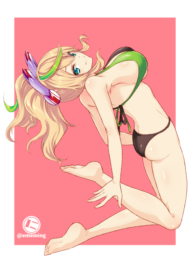 1girl, aqua_eyes, ass, bangs, bare_legs, bare_shoulders, barefoot, bikini, black_bikini, blonde_hair, blush, breasts, commentary, full_body, gene_(pso2), green_hair, hair_between_eyes, halter_top, halterneck, headgear, huge_breasts, jumping, large_breasts, long_hair, looking_at_viewer, multicolored_hair, nyanmaru_(ememing), open_mouth, outside_border, phantasy_star, phantasy_star_online_2, pink_background, sidelocks, simple_background, skindentation, smile, solo, streaked_hair, swimsuit, twintails, twitter_username