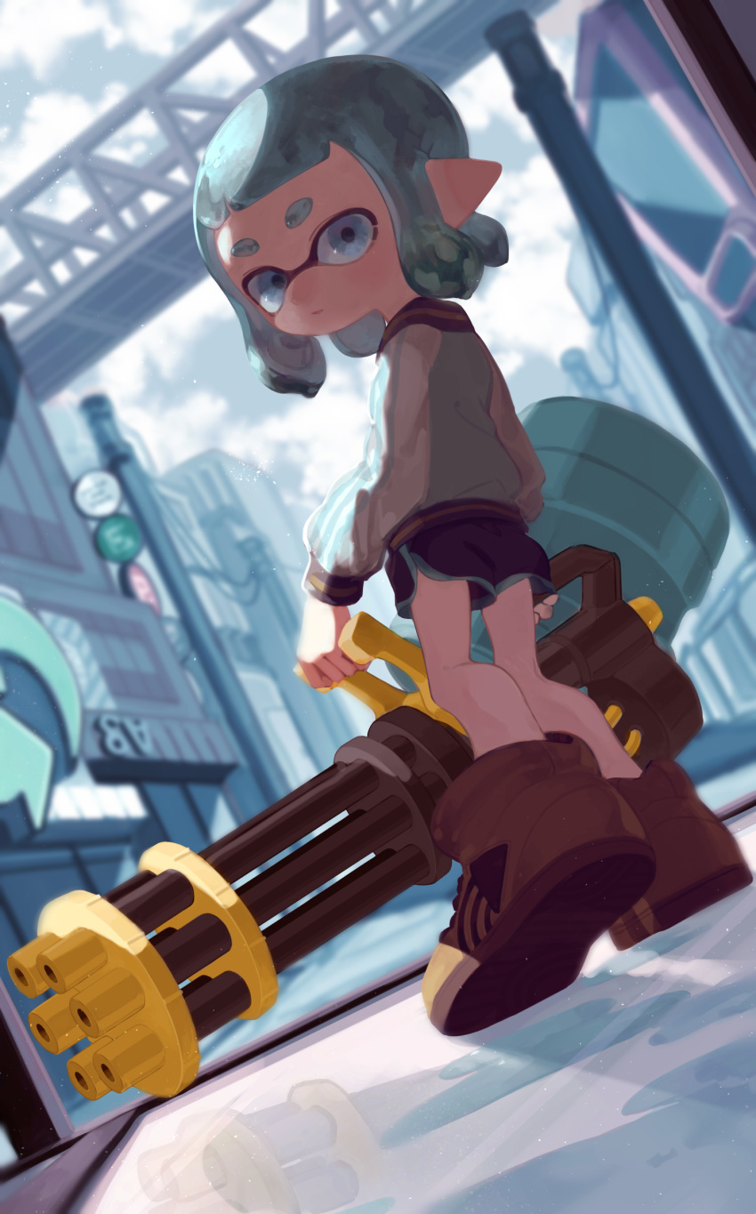 1girl, absurdres, ajomo, aqua_eyes, aqua_hair, aqua_jacket, bangs, black_shorts