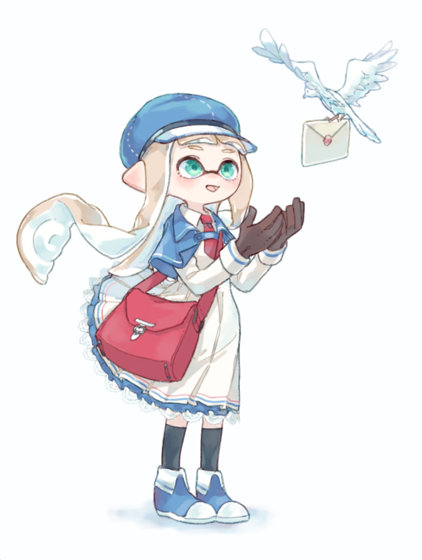 1girl, ajomo, bag, bangs, bird, black_gloves, black_legwear, blue_capelet, blue_footwear, blue_headwear, blunt_bangs, capelet, carrying, collared_dress, domino_mask, dress, envelope, flat_cap, full_body, gloves, green_eyes, grey_hair, hat, highres, inkling, lace, lace-trimmed_dress, long_hair, long_sleeves, mask, necktie, open_mouth, pleated_dress, pointy_ears, red_neckwear, satchel, shoes, simple_background, smile, socks, solo, splatoon_(series), splatoon_1, standing, tentacle_hair, white_background, white_dress, wind, wind_lift