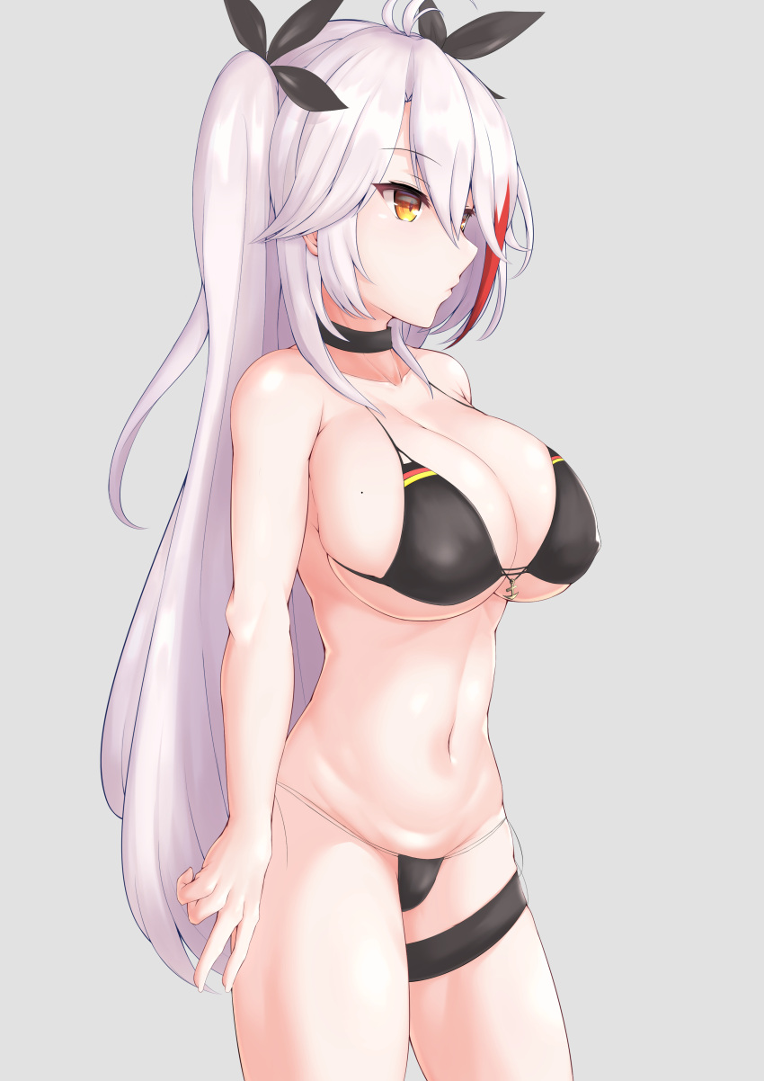 1girl, absurdres, anchor_symbol, annpannmenn_(anpanmenkosian), antenna_hair, arms_at_sides, azur_lane, bangs, black_choker, black_legwear, black_ribbon, breasts, choker, closed_mouth, covered_nipples, eyebrows_visible_through_hair, flag_print, german_flag_bikini, grey_background, groin, hair_between_eyes, hair_ribbon, highres, huge_breasts, long_hair, multicolored_hair, parted_lips, prinz_eugen_(azur_lane), prinz_eugen_(unfading_smile)_(azur_lane), profile, redhead, ribbon, sideboob, sidelocks, simple_background, skindentation, solo, standing, streaked_hair, string_bikini, thigh_strap, thighs, two_side_up, under_boob, very_long_hair, white_hair, yellow_eyes