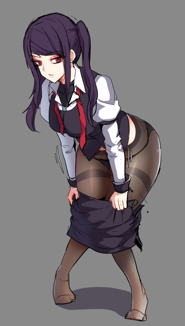 1girl, bangs, black_legwear, black_panties, breasts, full_body, grey_background, jill_stingray, knees_together_feet_apart, kuro_(tmdbin), leaning_forward, long_hair, looking_at_viewer, loose_necktie, medium_breasts, necktie, no_shoes, panties, panties_under_pantyhose, pantyhose, pulled_by_self, purple_hair, red_eyes, skirt, skirt_pull, solo, standing, swept_bangs, thighband_pantyhose, twintails, underwear, undressing, va-11_hall-a, wide_hips