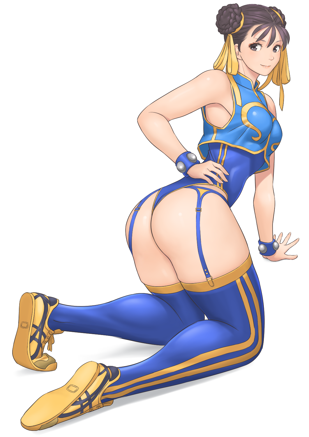 1girl, adapted_costume, bangs, bare_shoulders, blue_legwear, blue_leotard, bow, bracelet