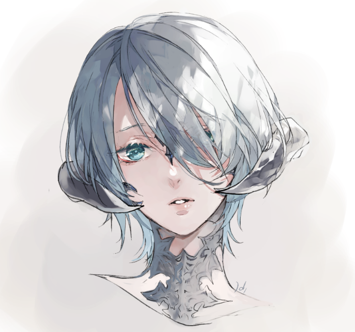 1girl, au_ra, blue_eyes, blue_hair, close-up, cropped_shoulders, dragon_horns, face, final_fantasy, final_fantasy_xiv, hair_over_one_eye, horns, hug_ff14, looking_at_viewer, parted_lips, scales, short_hair, solo, white_background