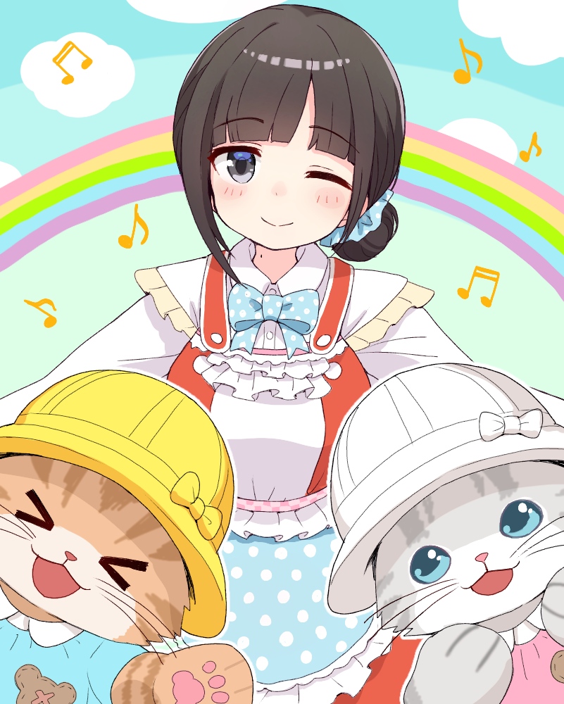 >_<, 1girl, 2others, :d, ;d, adorable, animal, apron