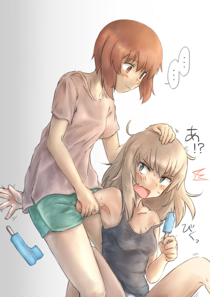 ..., /\/\/\, 2girls, absurdres, arm_between_legs, black_shirt, blue_eyes, blush