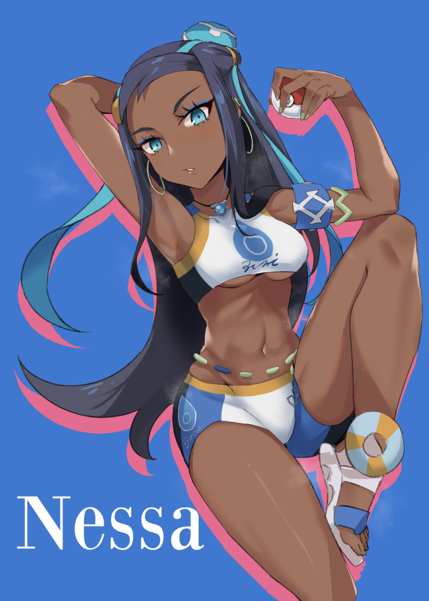 1girl, arm_behind_head, armlet, armpits, beads, bike_shorts, black_hair, blue_background