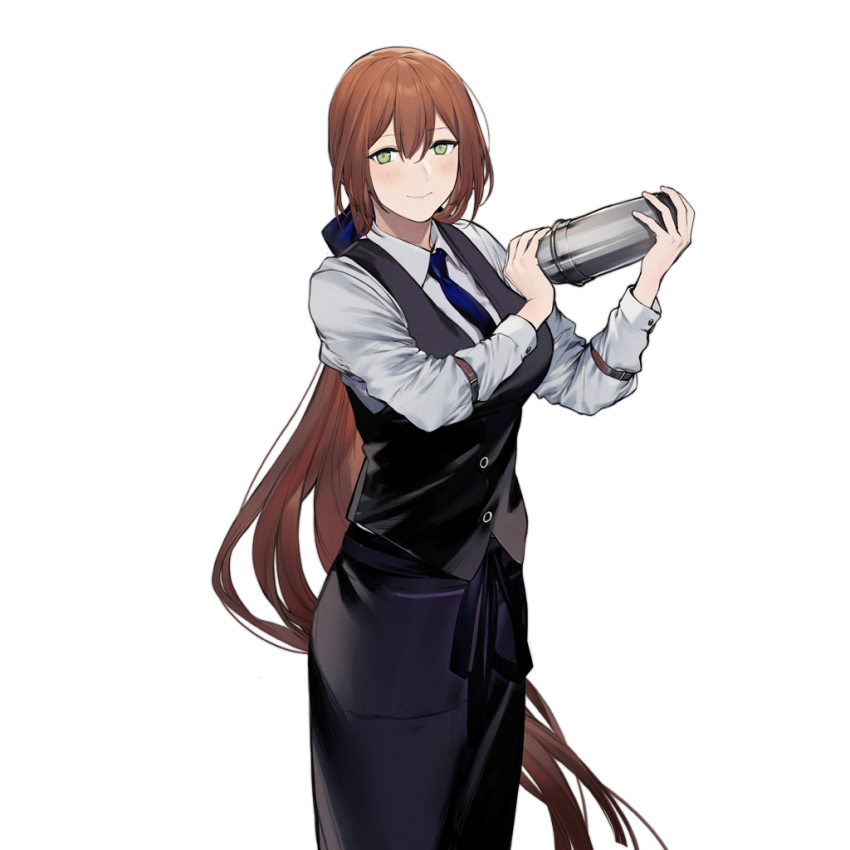 1girl, alternate_costume, alternate_hairstyle, bangs, bartender, black_skirt, black_vest, blue_neckwear