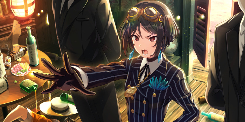 1girl, black_gloves, black_hair, black_neckwear, black_suit, boots, bottle, character_request