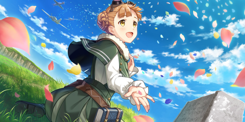 1girl, aircraft, airplane, bangs, blue_sky, blunt_bangs, blush, book, braided_bun, brown_hair, capelet, clouds, double_bun, dutch_angle, game_cg, goggles, goggles_on_head, grass, green_skirt, highres, kouya_no_kotobuki_hikoutai, long_sleeves, looking_away, looking_up, moa_(kouya_no_kotobuki_hikoutai), non-web_source, official_art, open_mouth, outdoors, petals, short_hair, sitting, skirt, sky, smile, solo, wariza, yellow_eyes