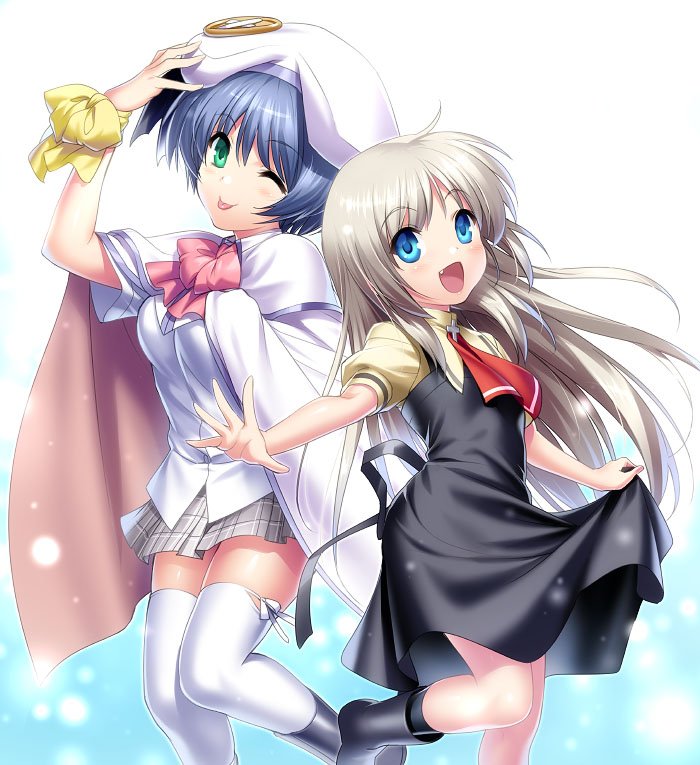 2girls, air, bat_hair_ornament, black_dress, black_footwear, black_legwear, blue_background, blue_eyes, blue_hair, bow, company_connection, cosplay, costume_switch, dress, fang, feet_out_of_frame, gradient, gradient_background, green_eyes, hair_ornament, key_(company), kirishima_kano, kirishima_kano_(cosplay), kneehighs, large_buttons, little_busters!!, long_hair, looking_at_viewer, multiple_girls, neckerchief, noumi_kudryavka, noumi_kudryavka_(cosplay), open_mouth, pink_bow, plaid, plaid_skirt, puffy_short_sleeves, puffy_sleeves, red_neckwear, school_uniform, shirt, short_hair, short_sleeves, silver_hair, skirt, smile, thigh-highs, white_background, white_legwear, yellow_shirt, zen