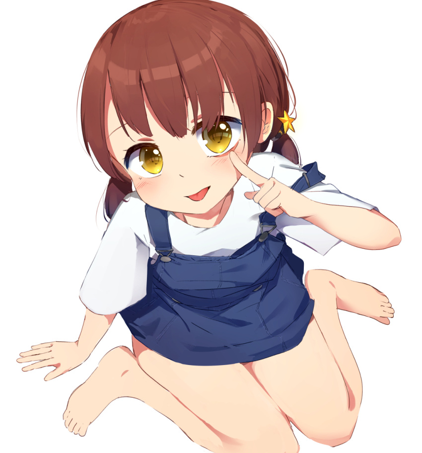 1girl, :p, akanbe, barefoot, blue_dress, brown_eyes, brown_hair, dress